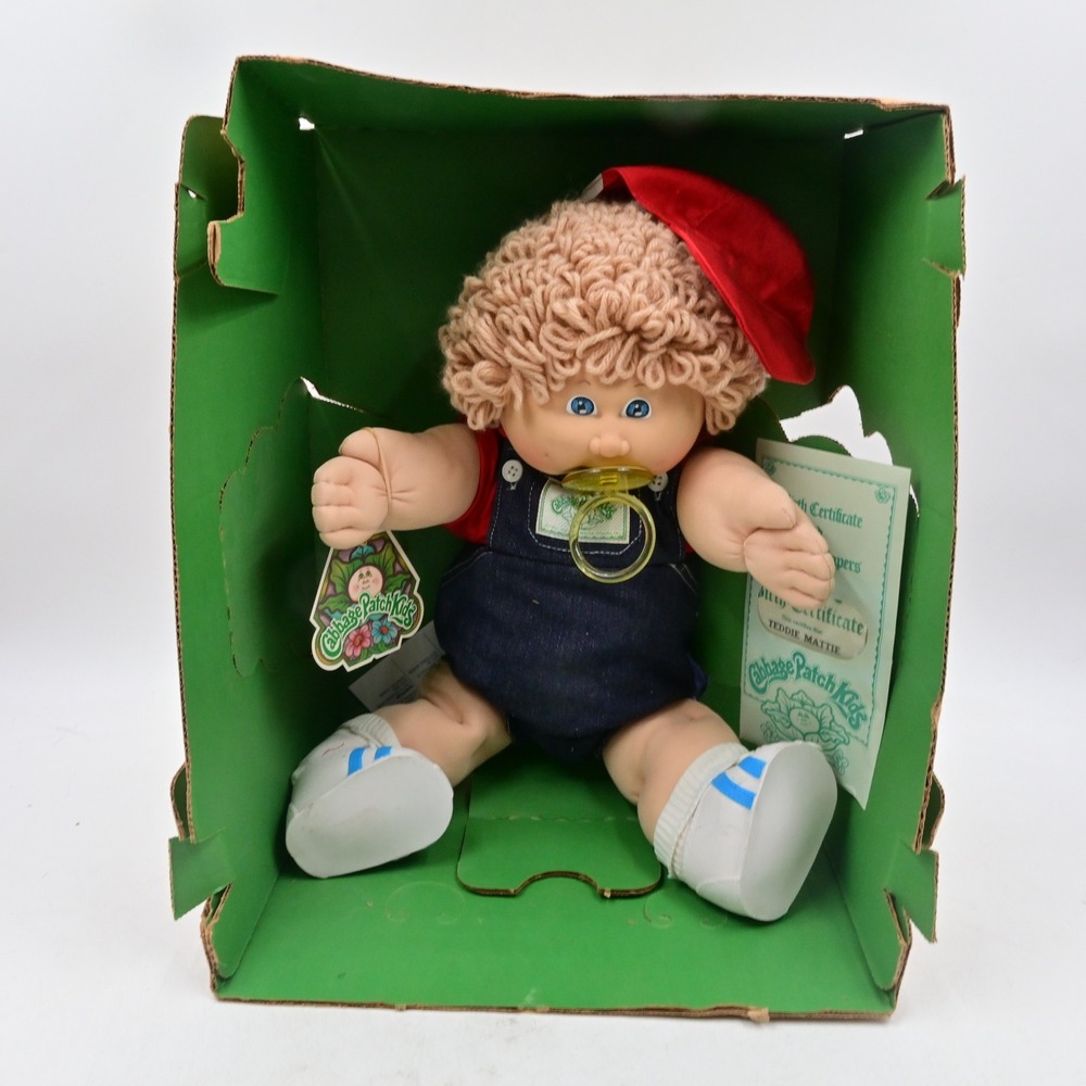 Cabbage Patch Kids Teddie Mattie Doll Blonde Yarn Hair Denim Overalls 12 inch